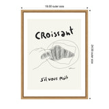 Minimalist black line drawing of a hand holding a croissant on a plate, with handwritten text 'Croissant' above and 's'il vous plaît' below, framed in light wood.