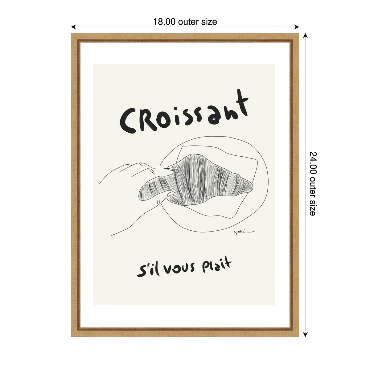 Minimalist black line drawing of a hand holding a croissant on a plate, with handwritten text 'Croissant' above and 's'il vous plaît' below, framed in light wood.