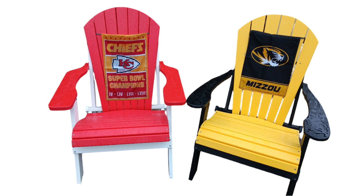 Two Adirondack folding chairs side by side, one red with white arms featuring a KC Chiefs Super Bowl Champions backrest, the other yellow with black arms and Mizzou logo backrest.