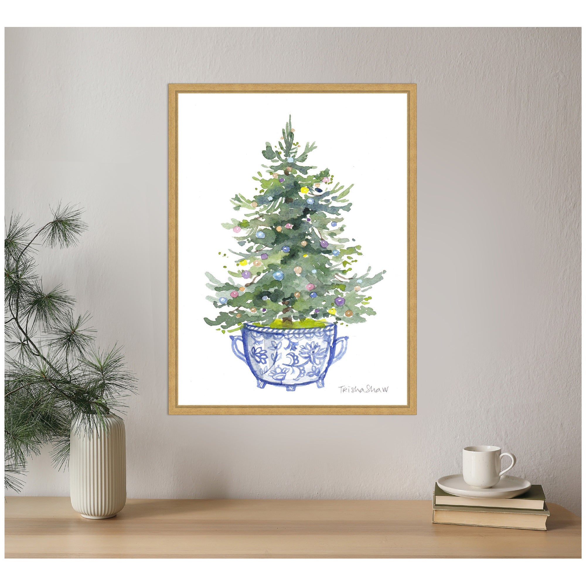 Sylvie Framed Canvas Traditional Christmas Tree In Blue Chinoiserie Pot