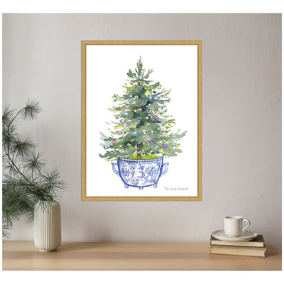 Sylvie Framed Canvas Traditional Christmas Tree In Blue Chinoiserie Pot