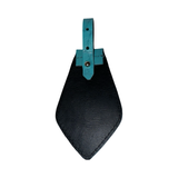 Black leather tie with a turquoise blue embossed croc leather strap loop and snap closure at the top, shown on a white background.
