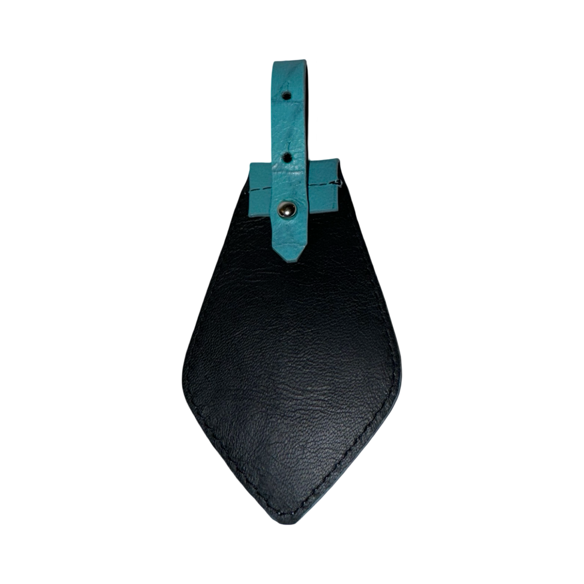 Black leather tie with a turquoise blue embossed croc leather strap loop and snap closure at the top, shown on a white background.