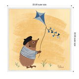 Illustration of a brown hedgehog wearing a black beret and blue-striped sweater, holding a blue kite against a light beige textured background.