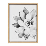 Close-up black and white canvas print of a succulent plant with textured, pointed leaves arranged in a radial pattern, framed in light wood.