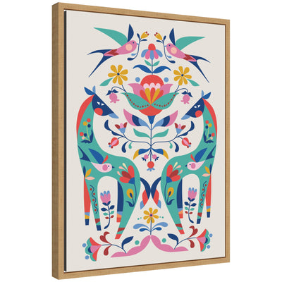 Sylvie Folk-Art Horses and Birds framed gallery-wrapped canvas by Rachel Lee showing colorful folk-art animals