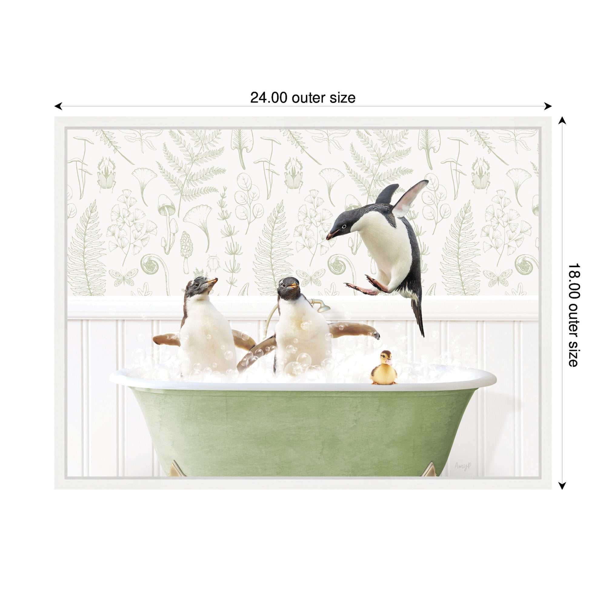 Sylvie Penguins in Fern Bath Framed Canvas by Amy Peterson
