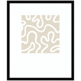 Square beige and white abstract art print with curving organic lines, framed in a simple black frame with a wide white mat.