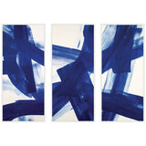 Three framed canvases each with bold, overlapping broad brushstrokes in deep cobalt blue on white backgrounds by Amy Lighthall.