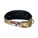 Yellow and black poodle collar with a colorful, irregular pattern and a gold metal buckle and D-ring, shown at an angle against a white background.