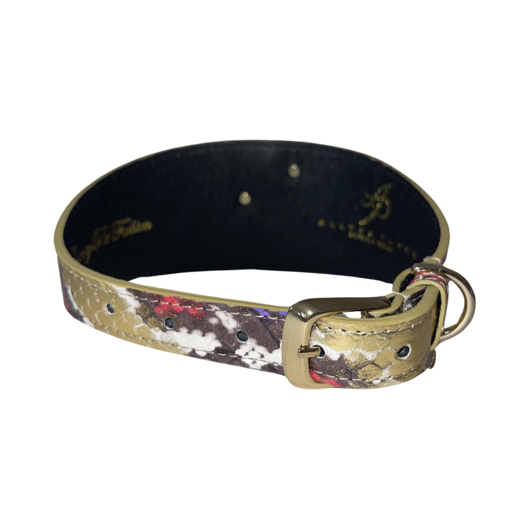 Yellow and black poodle collar with a colorful, irregular pattern and a gold metal buckle and D-ring, shown at an angle against a white background.