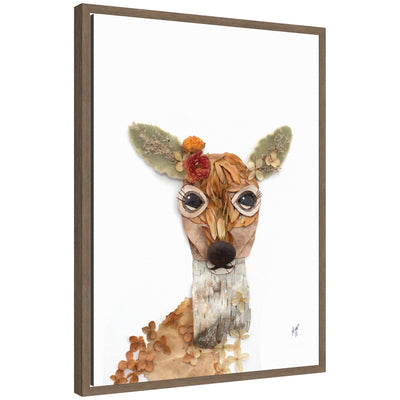 Framed canvas wall art of a deer adorned with flowers in a rustic Sylvie frame