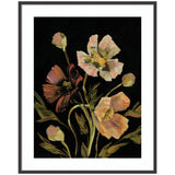 Painting of delicate flowers with muted pink and dark burgundy petals and soft green leaves against a black background, framed in a thin gray frame.