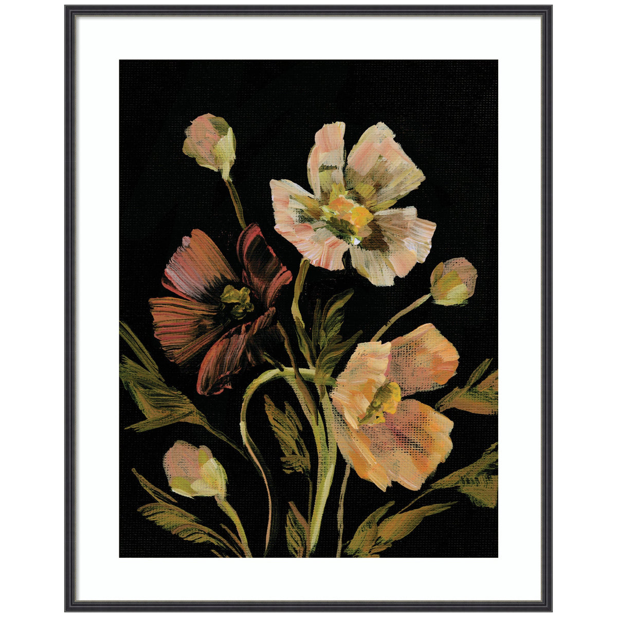 Painting of delicate flowers with muted pink and dark burgundy petals and soft green leaves against a black background, framed in a thin gray frame.