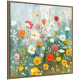 Framed canvas painting of a wildflower garden with vibrant yellow, orange, and pink flowers against a soft blue and green background.