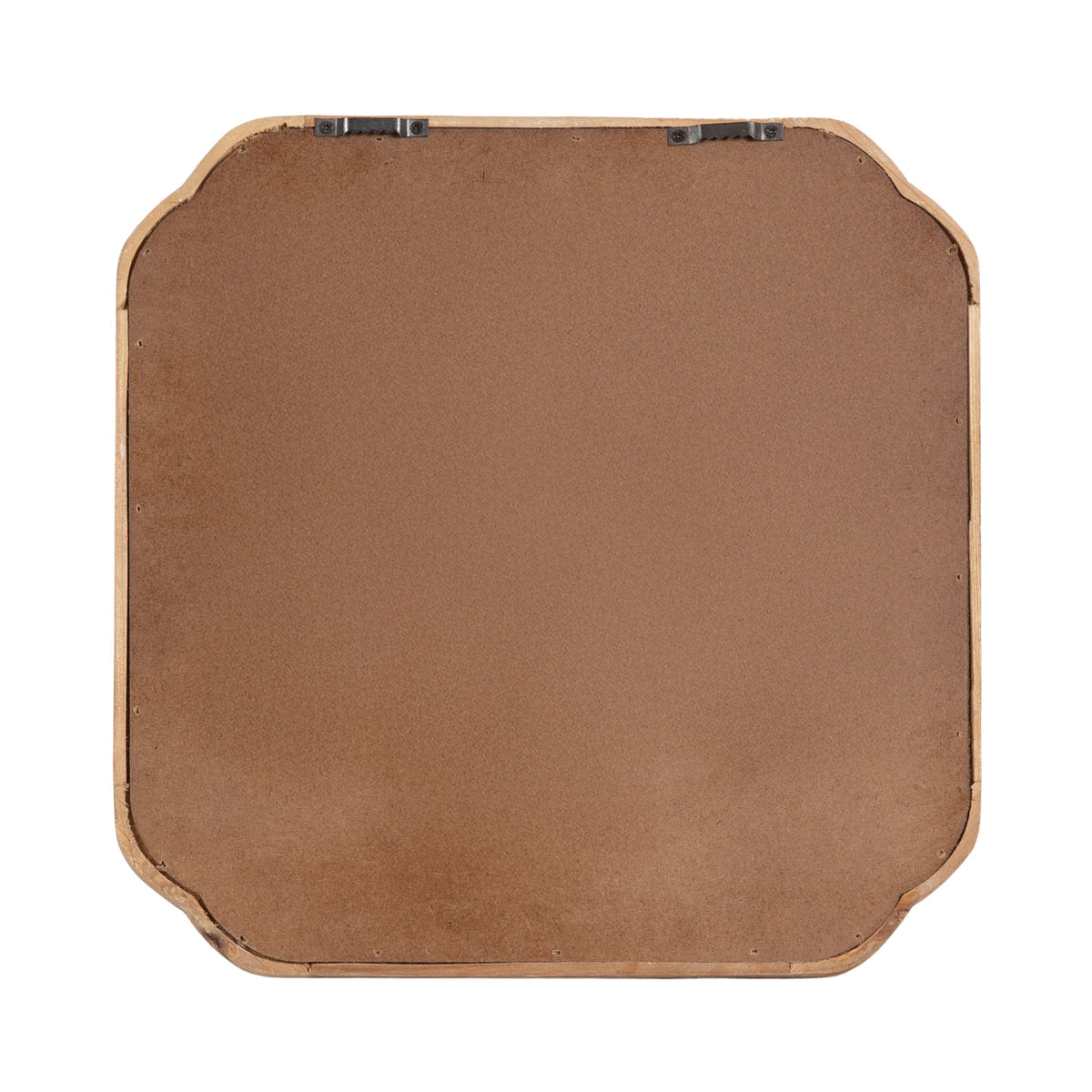 Back view of a square wooden wall mirror with rounded corners and two metal hangers on the top edge for mounting.