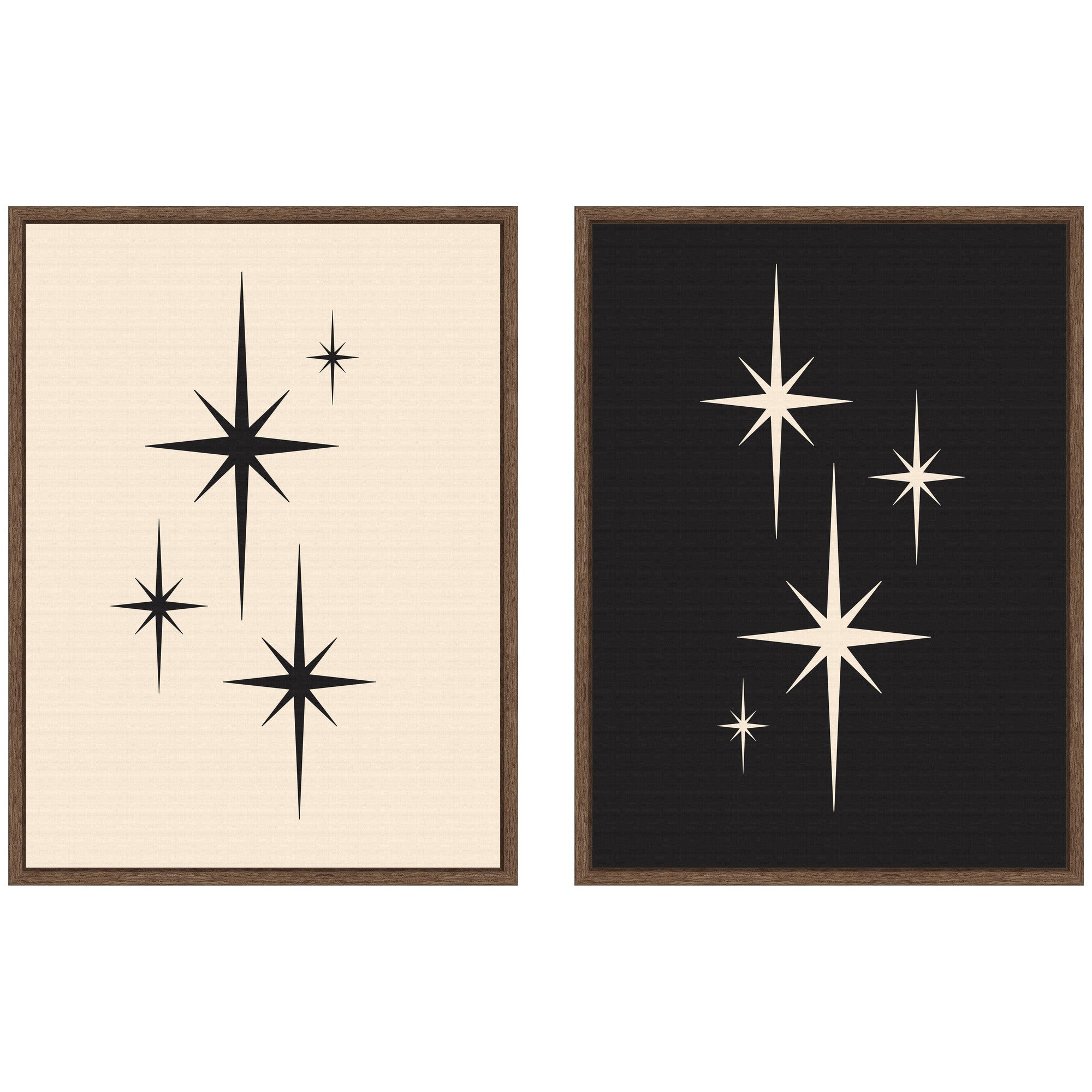 Two framed canvas wall art pieces featuring starburst atomic 70s style designs in walnut brown frames