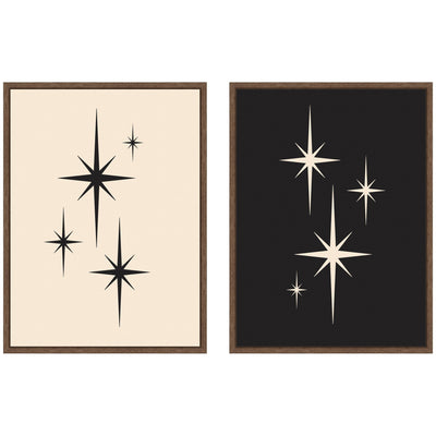 Two framed canvas wall art pieces featuring starburst atomic 70s style designs in walnut brown frames