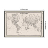 Framed vintage-style black and white world map printed on linen fabric, with outer dimensions 37 by 25 inches and inner map area 36 by 24 inches.
