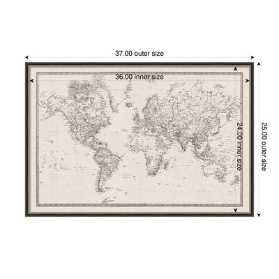 Framed Fabric Pinboard Vintage Black and White Linen World Map Wall Organization