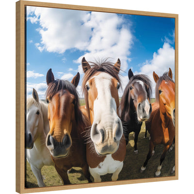 Funny Horse Selfie framed canvas art showing a horse with a playful expression.