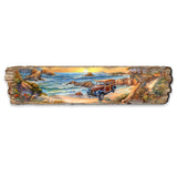 Handpainted wooden wall art depicting a vintage woody car parked on a sandy beach with rocky cliffs, ocean waves, and a sunset sky in warm tones