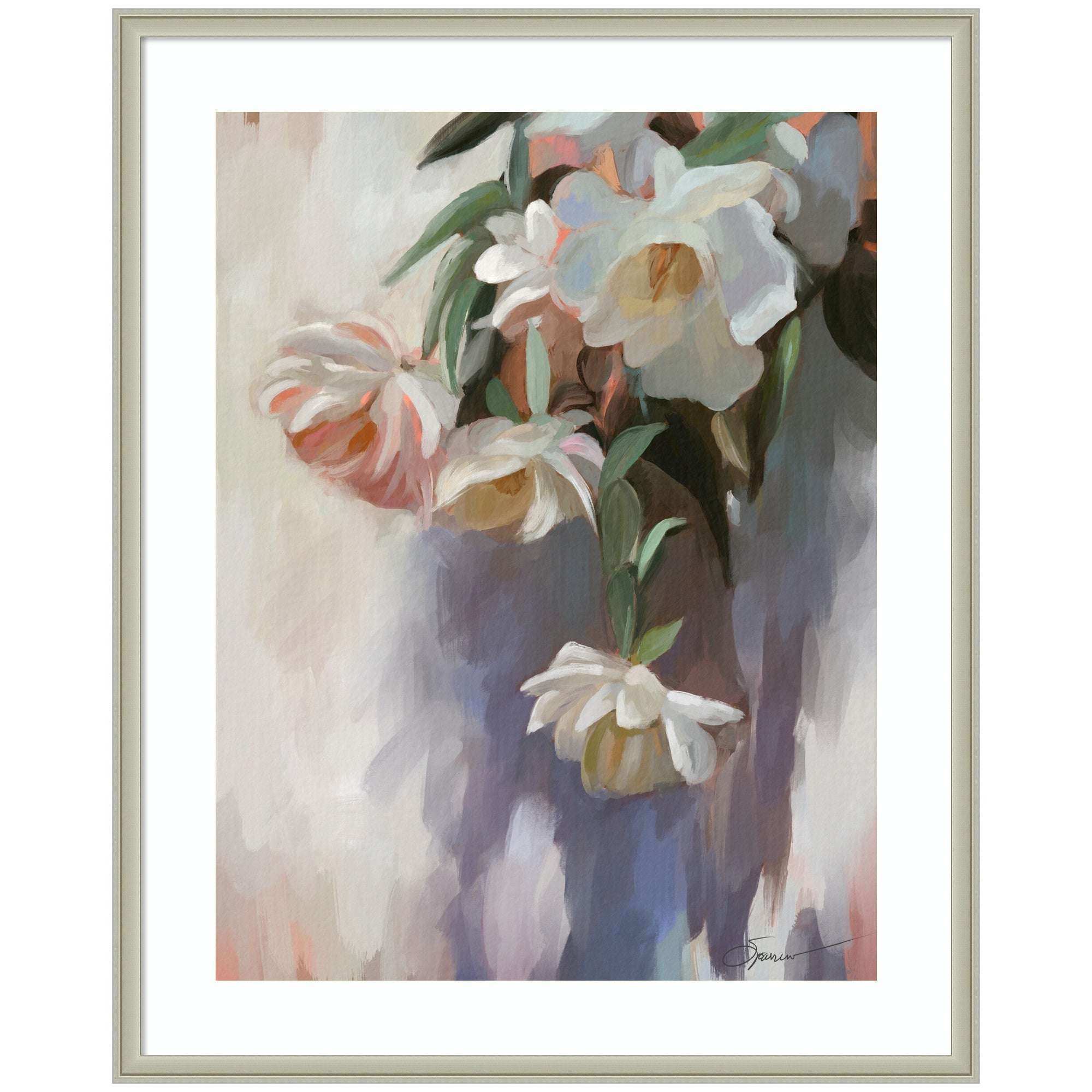 Framed abstract floral art featuring white flowers and green leaves in pastel colors, titled 'Dangle Thumb Pastel Flower Bouquet' by Mary Sparrow.