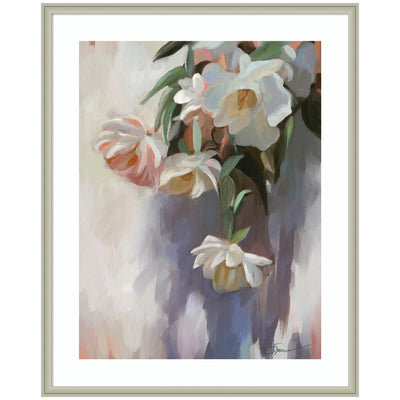 Framed abstract floral art featuring white flowers and green leaves in pastel colors, titled 'Dangle Thumb Pastel Flower Bouquet' by Mary Sparrow.