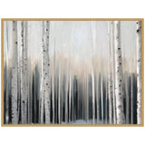 Framed canvas painting of slender birch trees with white trunks and black markings set against a soft haze of gray and beige light in a misty forest scene.
