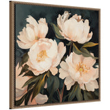 Framed canvas painting of four large white and pale pink peonies with green leaves against a dark background, displayed at an angled view.