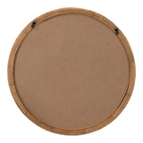 Back of a round wall mirror with a wooden frame and two black hanging hooks attached to a wire for mounting.