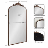 Rectangular wall mirror with rounded top and antique bronze frame featuring an ornate crown detail, depicted with dimensions and hanging hardware close-ups.