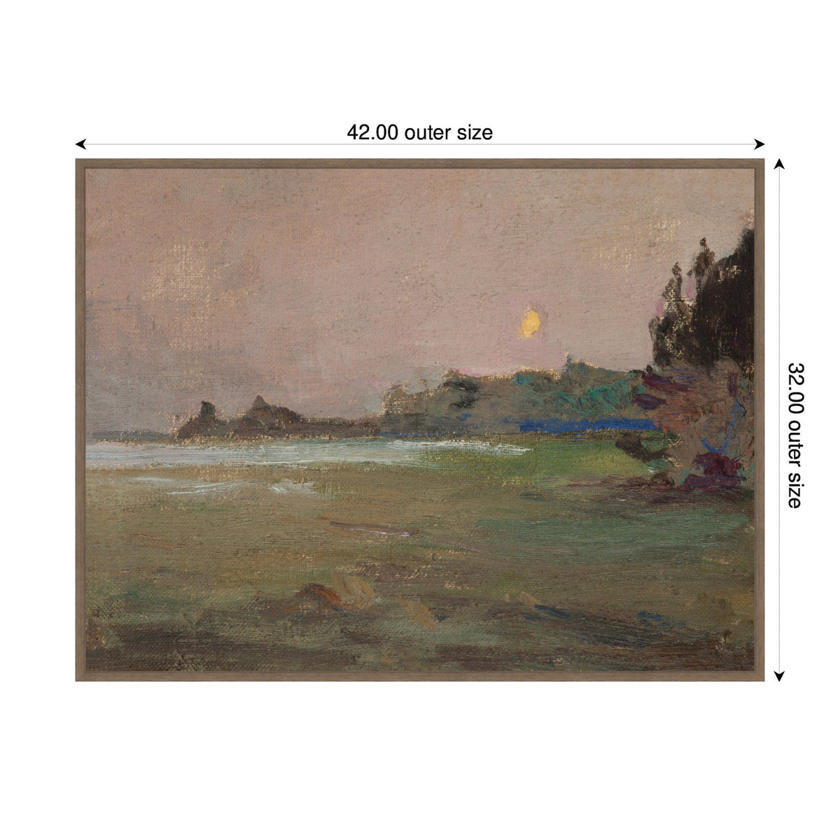 Muted landscape painting with a misty sky, faint yellow moon, rocky formations on horizon, and dark silhouetted cliffs on the right side.