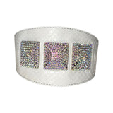 Matte white snake-patterned 4-inch wide collar featuring three rectangular custom Swarovski crystal rivets with iridescent sparkle, displayed against a white background.