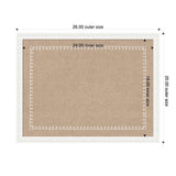 Rectangular beige pinboard featuring a white scalloped edge border and white decorative looping trim inside the border, with outer size 26 by 20 inches