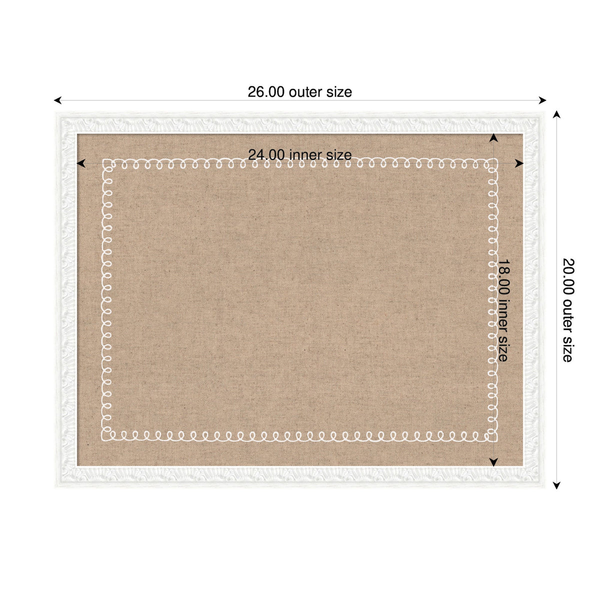 Rectangular beige pinboard featuring a white scalloped edge border and white decorative looping trim inside the border, with outer size 26 by 20 inches