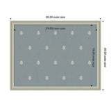 Rectangular pinboard with light blue fabric and evenly spaced small white botanical block print designs, framed in simple light-colored wood, measurements indicated.