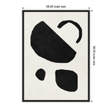 Abstract black geometric shapes including a large truncated circle, two smaller irregular forms, and a curved line on white canvas with black frame measuring 28 by 38 inches.
