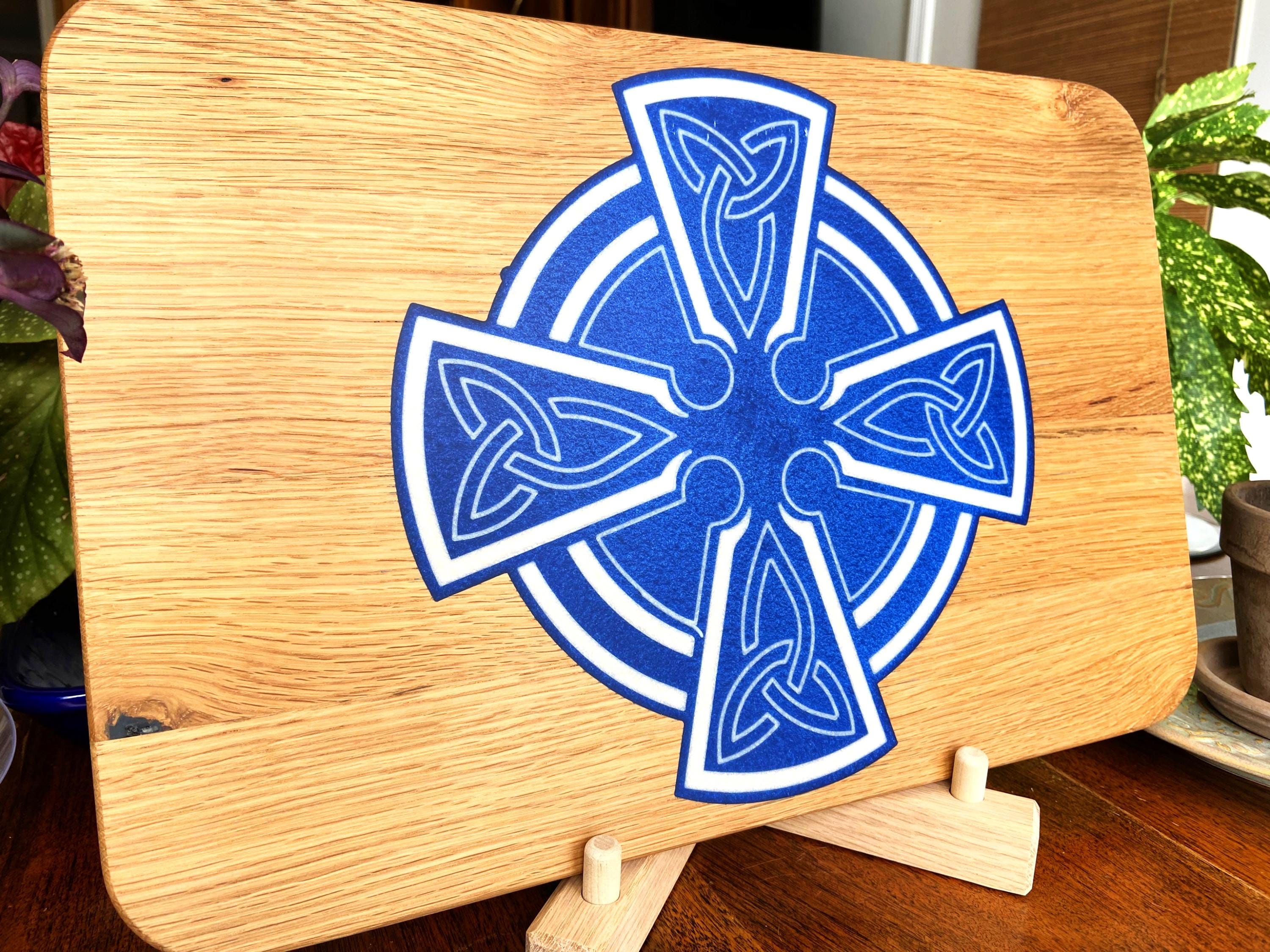 Handmade Celtic Cross charcuterie board in white oak with white on blue resin inlay