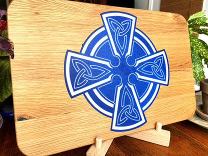 Handmade Celtic Cross charcuterie board in white oak with white on blue resin inlay