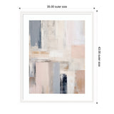 Abstract painting with overlapping blocks of muted colors including gray, beige, blush pink, and navy, framed in white with visible brush textures.