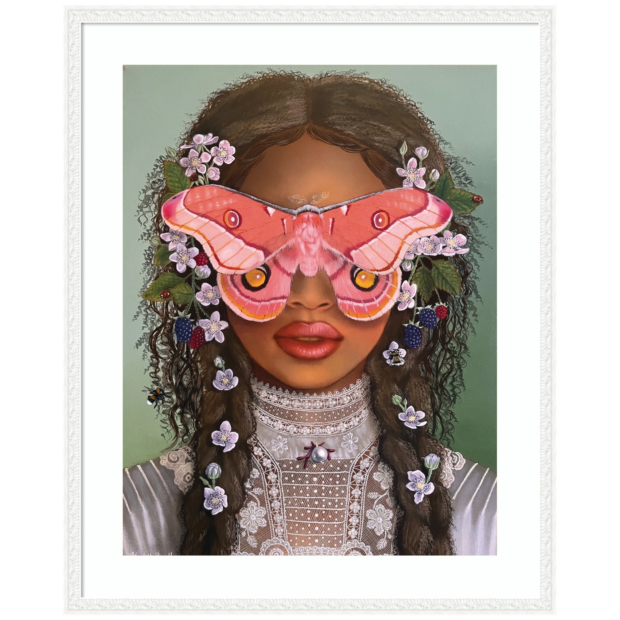 Framed wall art print titled 'In The Garden With Antheia' by Charlotte Brindley showing stylized botanical imagery on a white background