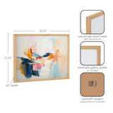 Abstract print with soft blues, pinks, oranges, and beige in a natural oak wood frame with a minimalist gallery profile and sawtooth hangers for versatile mounting.