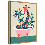 Colorful stylized giraffe with abstract patterns sitting in a pink clawfoot bathtub surrounded by tropical leaves on a muted beige and green background.