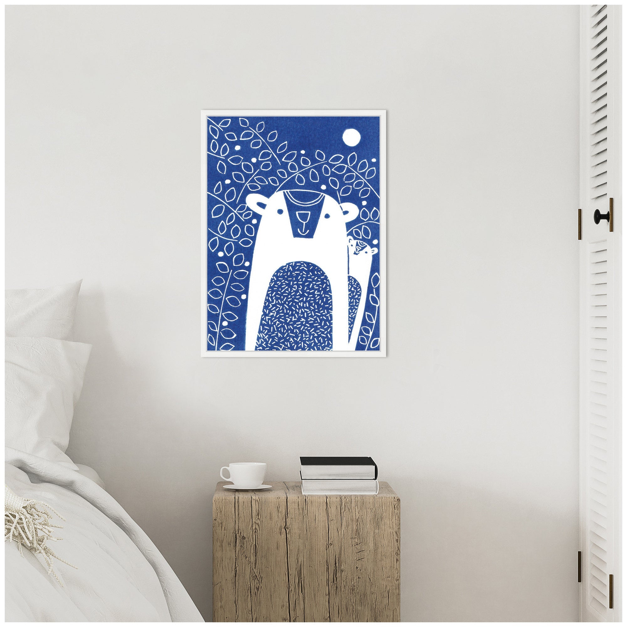 Sylvie Blue Night Bears Linocut Framed Canvas by Giuliana Lazzerini