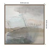 Abstract painting with muted beige, gray, and soft blue tones, featuring layered brushstrokes and scribbled marks on a square canvas with a brown frame.
