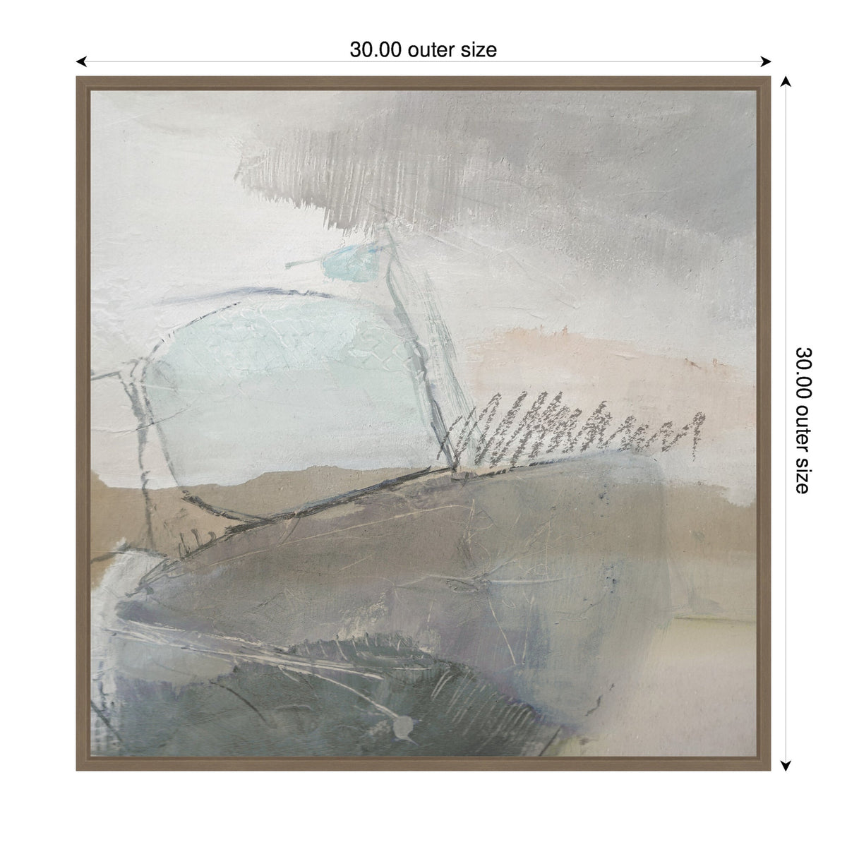 Abstract painting with muted beige, gray, and soft blue tones, featuring layered brushstrokes and scribbled marks on a square canvas with a brown frame.