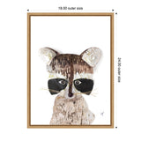 Illustrated raccoon face composed of natural birch bark textures with black eye patches and white floral details on ears and around eyes, framed in light wood.