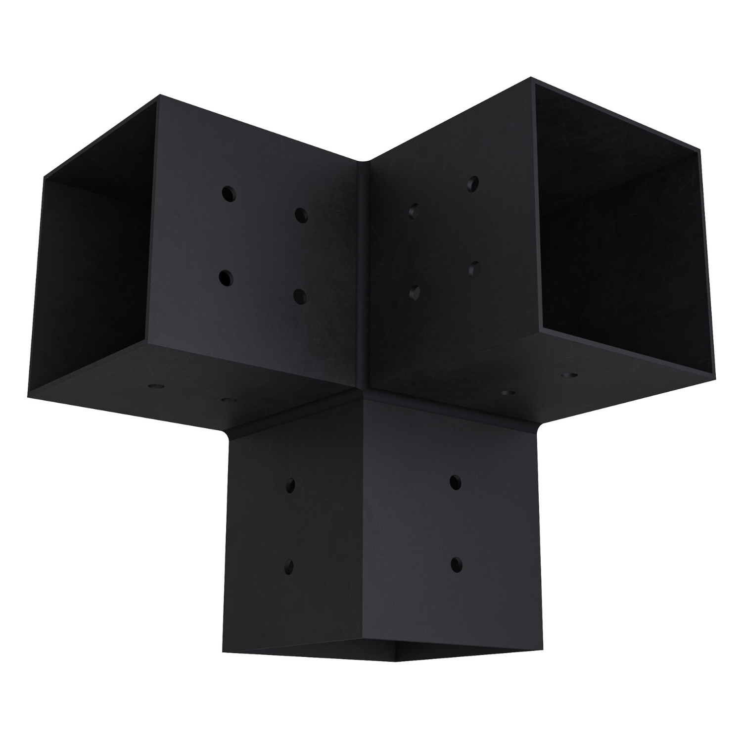 Zen Pergolas Pergola 3-Arm Post Bracket designed for 4x4 wood posts, shown in steel with black painted screws.