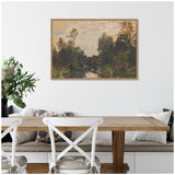 Muted impressionist landscape painting depicting dense trees around a calm river under a cloudy sky, framed and hung above a wooden dining table with white chairs.